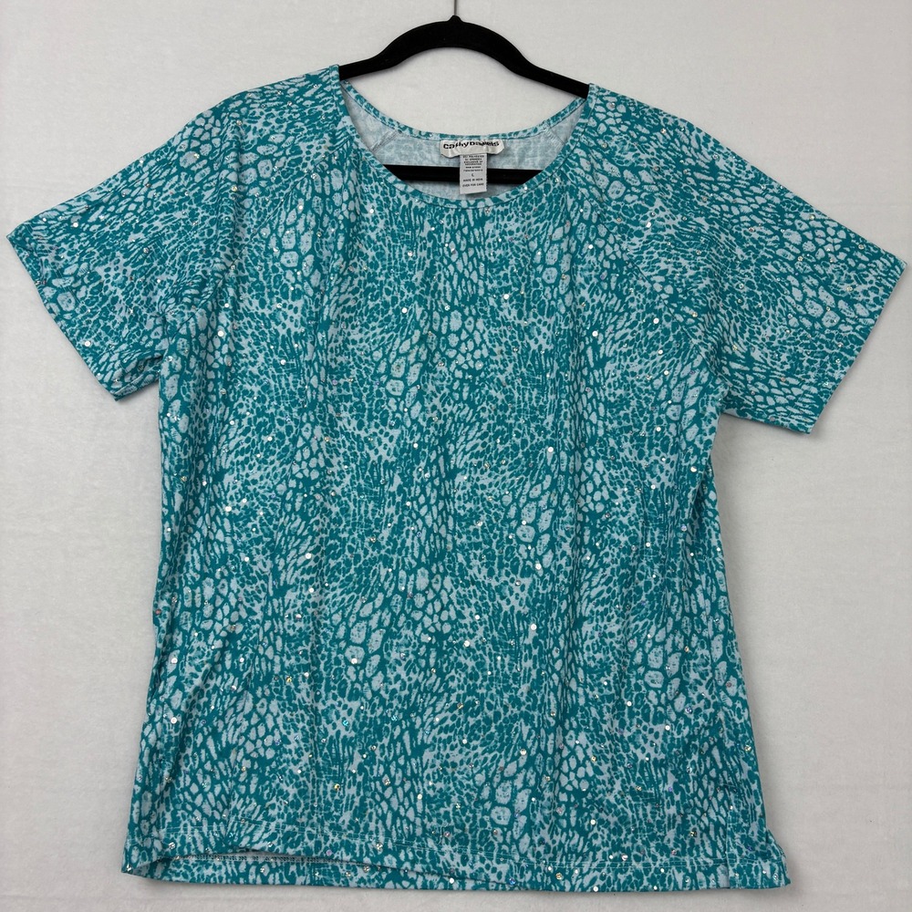 Cathy Daniels Womens Turquoise Abstract Sequin Short Sleeve Blouse Top Large B1
